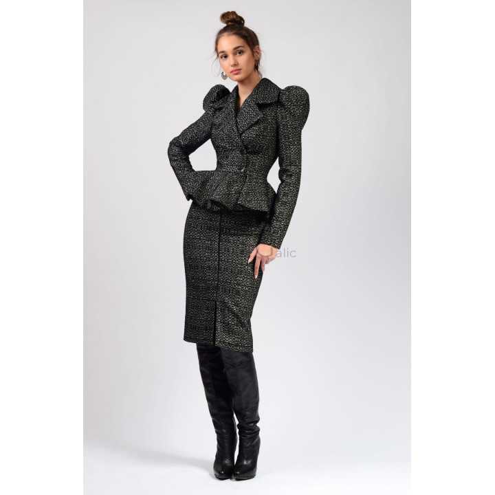 Front view of the Carmen 5 suit with fitted buttoned jacket and pencil skirt