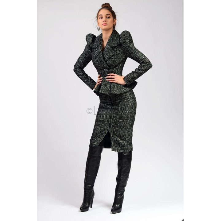 Close view of the wide lapels, defined shoulders and peplum on the Carmen 5 jacket