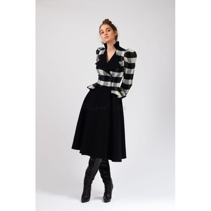 Enia 2 coat with wide black lapels, checked sleeves and a flounced peplum