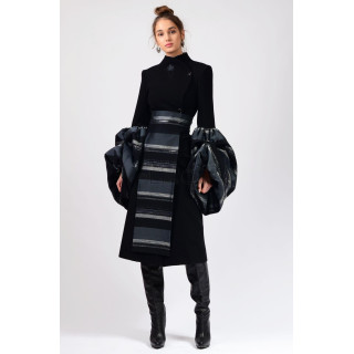 Black Catinca coat with voluminous organza sleeves and detachable striped apron