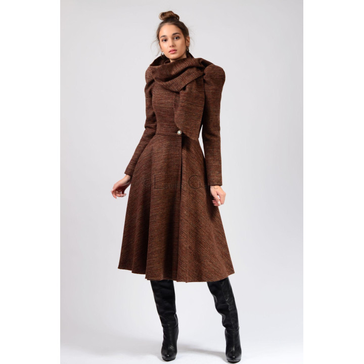Beatrice 3 brown wool midi coat with an oversized collar and flared skirt