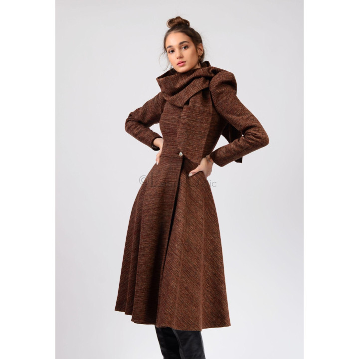 Front detail of the Beatrice 3 coat showing its draped collar and button fastening
