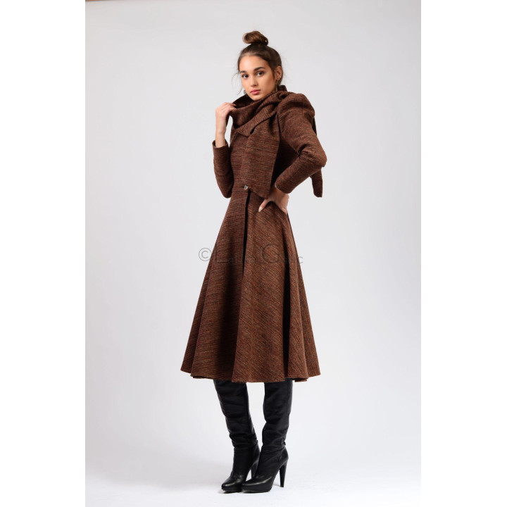 Beatrice 3 coat with a fitted waist and full flared skirt, front view