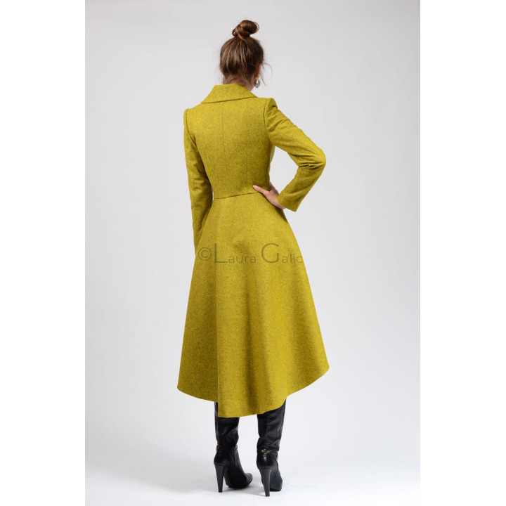 Back view of the Lavinia 2 coat showing its shaped waist and long hem
