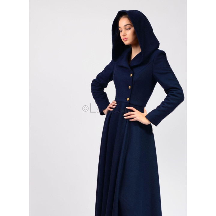 Miranda 2 long navy women's coat with a generous hood, defined waist and gold-tone buttons