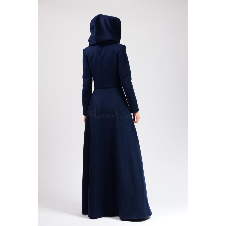 Back view of the Miranda 2 coat showing its hood and long flared silhouette
