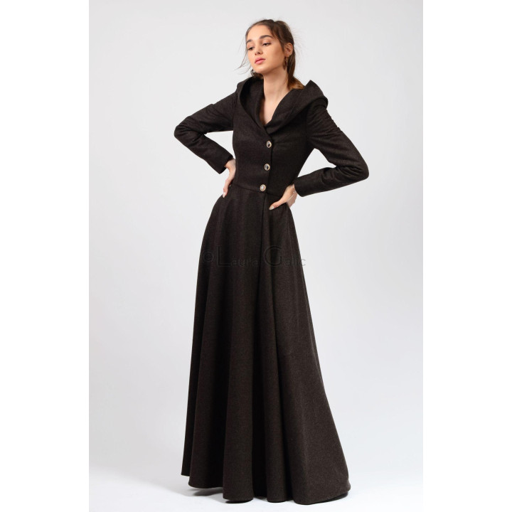 Miranda 2 coat with a defined waist, hood and long voluminous skirt