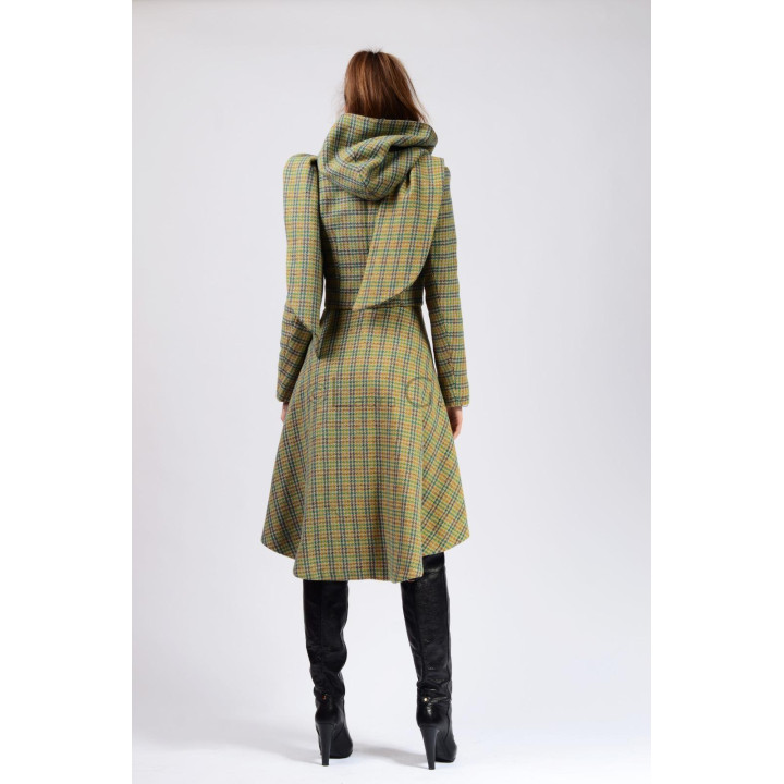Back view of the Miranda 3 coat with its hood and even hemline