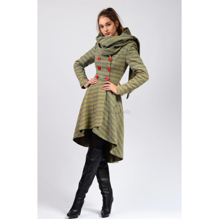 Miranda 3 coat with a flared asymmetric hem and draped hood collar