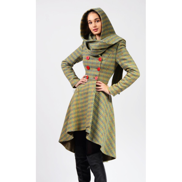 Front detail of the Miranda 3 coat showing six buttons and its generous hood