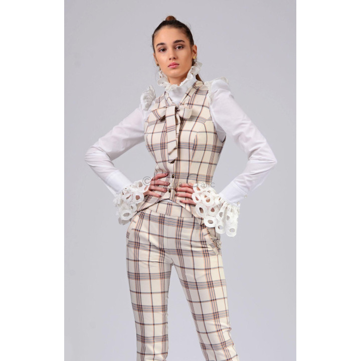 Close view of the checked Ramona 3 waistcoat and its self-fabric bow tie