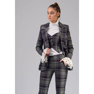 Ramona women’s suit in grey and navy checks with fitted blazer, corset vest and slim trousers