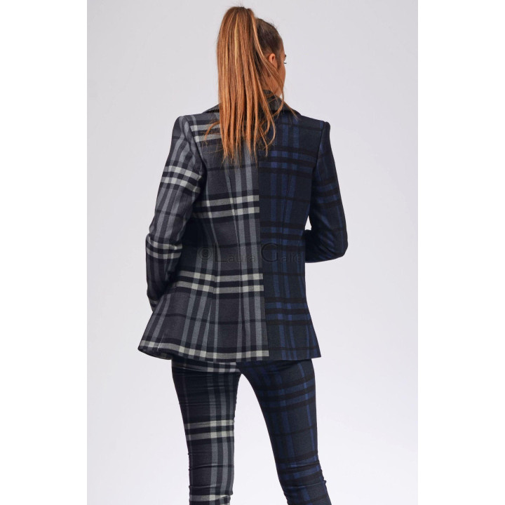 Back view of the Ramona 3 suit showing grey and navy plaid panels on the jacket and trousers