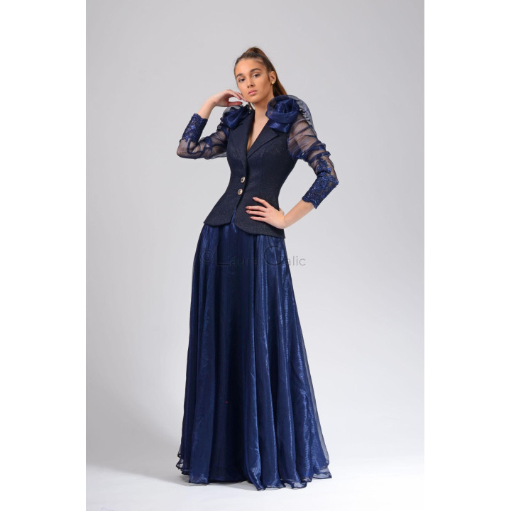 Aurelia 3 navy women’s suit with a fitted jacket and long A-line skirt