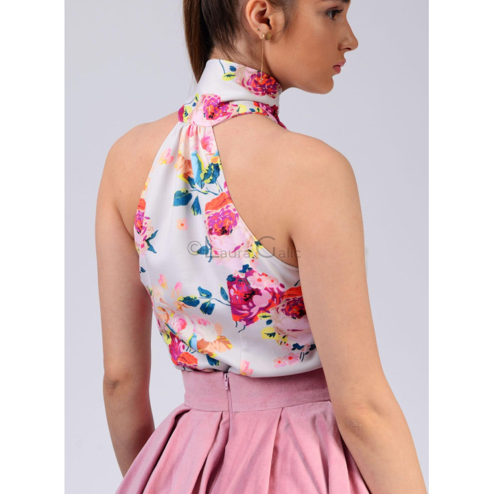 Back detail of the Paula floral shirt showing its high neckline