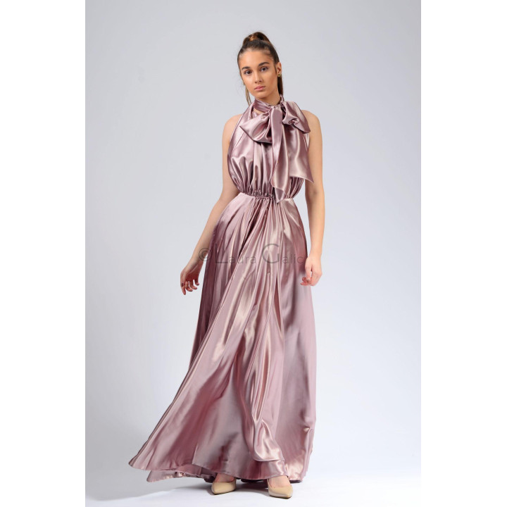 Rochie lungă Agnes 1 roz-mauve, cu talie empire și fustă amplă