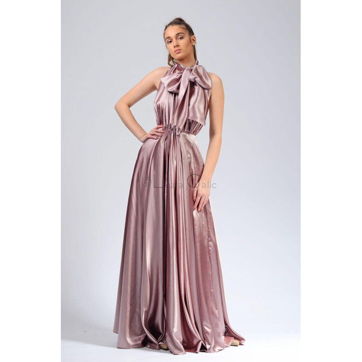 Rochie lungă Agnes 1 cu decolteu legat la gât și talie încrețită