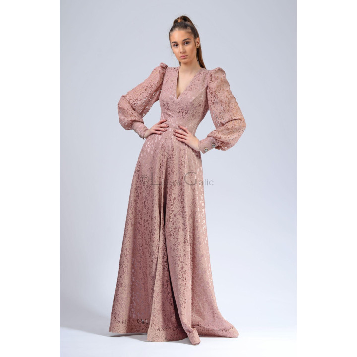 Rochie Antonia 4 cu decolteu în V, talie cambrată și dantelă florală
