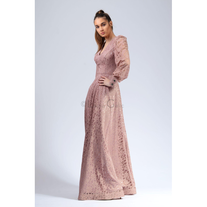 Rochie lungă roz prăfuit Antonia 4, cu croială cambrată și fustă evazată