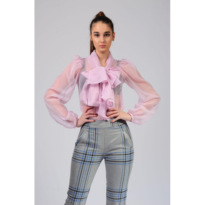 Pink Lucretia natural organza blouse with voluminous sleeves and a large neck bow