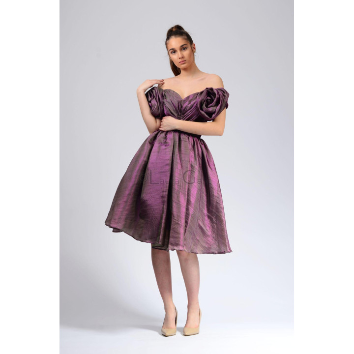Front view of the Selena dress showing its twisted statement sleeves and V-shaped bodice pleats