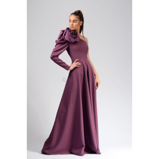 Tatiana 2 plum-purple long dress with one long sleeve and a large shoulder flower