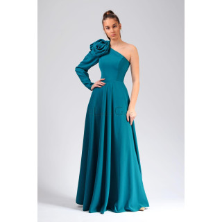 Teal Tatiana 2 Lunga long dress with one long sleeve and a large shoulder flower