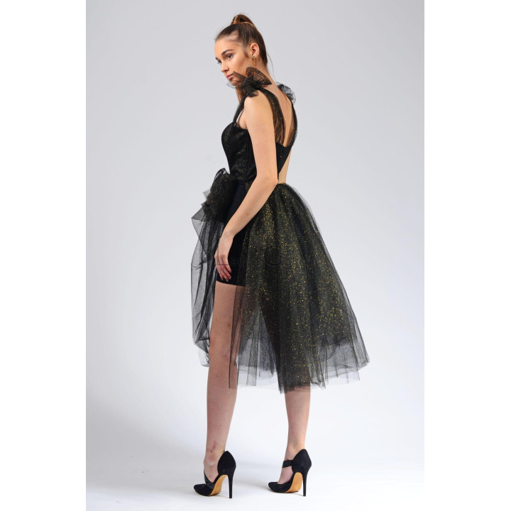 Side and back view of the Mirabela dress with black tulle layered over a pencil skirt