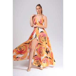 Francisca 3 long dress with colourful abstract floral print and high slit