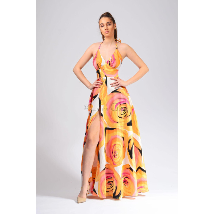 Francisca 3 dress with a fitted waist, full-length skirt and floral print