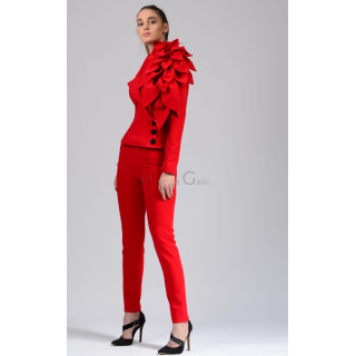 Costum roșu de damă Delia cu sacou asimetric și pantaloni strâmți