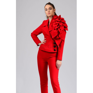 Red Delia jacket with an oversized shoulder flower and black buttons