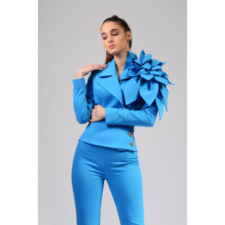 Vivid blue Delia jacket with an oversized shoulder flower and front buttons