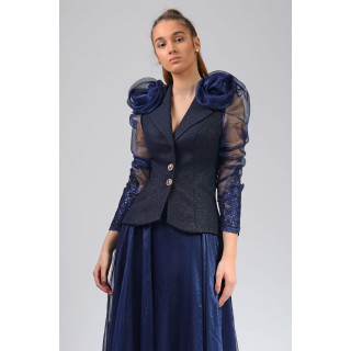 Aurelia 3 navy jacket with lapels, organza sleeves, lace cuffs and floral shoulder appliqués