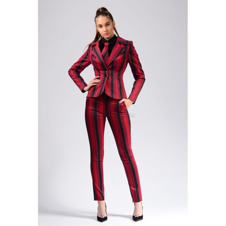 Ava 3 women's suit with a lapel blazer and slim red and black striped trousers