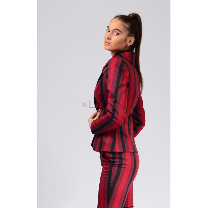 Side view of the fitted striped blazer and trousers from the Ava 3 suit