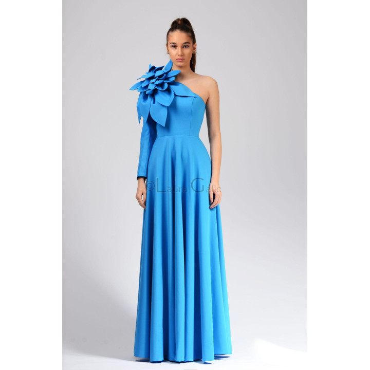 Blue Diedra dress with a floor-length A-line skirt and oversized flower appliqué