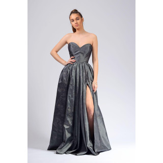 Calypso long dark grey embroidered taffeta dress with corset bodice and high slit