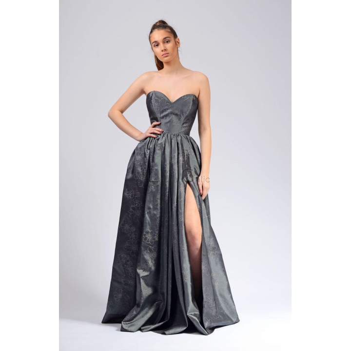 Rochie lungă Calypso din tafta gri închis brodată, cu corset și șliț înalt