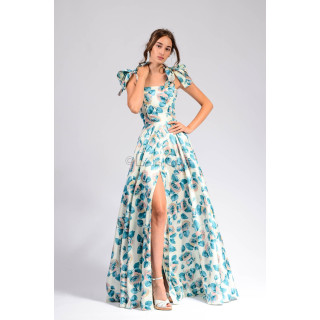 Loredana 3 long floral dress with a deep front slit and full skirt