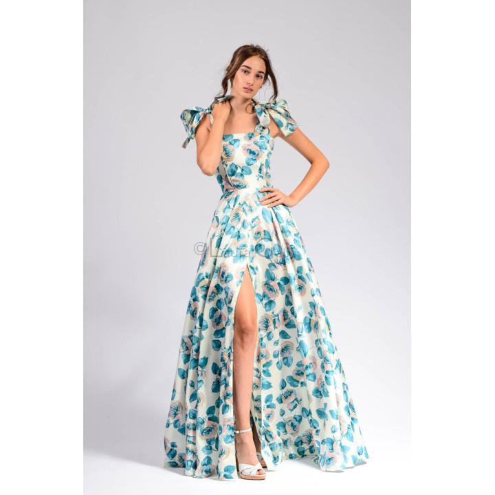 Loredana 3 long floral dress with a deep front slit and full skirt
