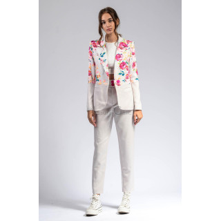 Costumul Ramona split floral, cu sacou cu imprimeu floral și pantaloni uni cu talie înaltă