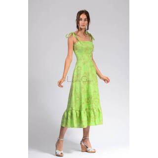 Salma midi linen dress in lime green with floral print, tied shoulder straps and a ruffle hem
