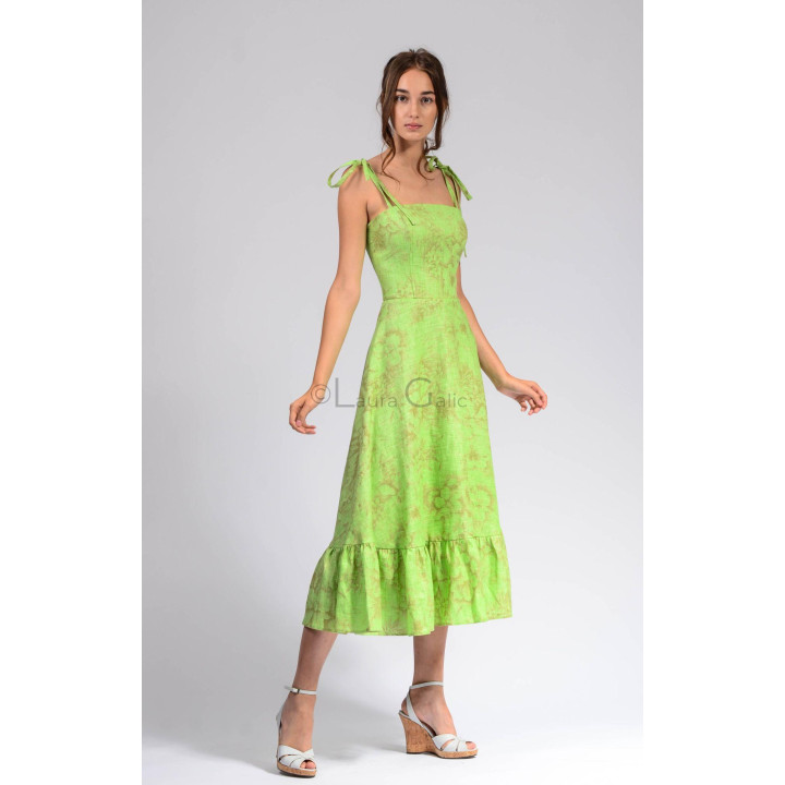 Rochia midi Salma din in, verde-lime cu imprimeu floral, bretele legate pe umeri și tiv cu volan