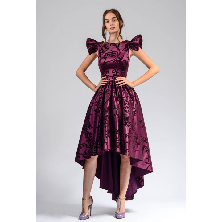 Front view of the Lidia 2 dress with fitted bodice, ruffled shoulders and full skirt