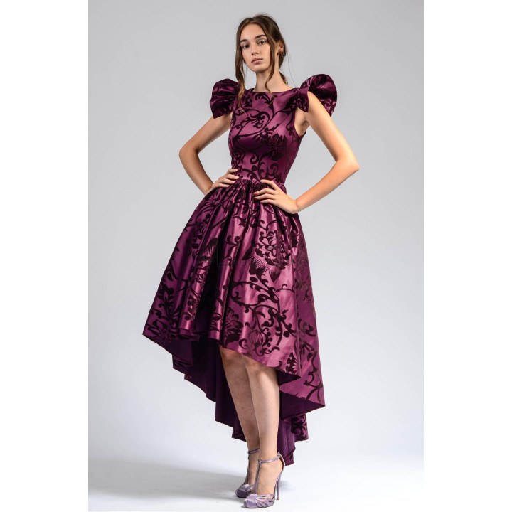 Close view of the floral velvet print and shoulder ruffles on the Lidia 2 dress