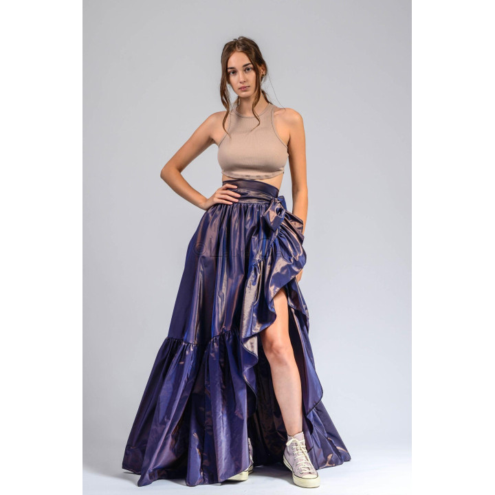 Anabel skirt showing its wide adjustable waistband, wrap front and ruffled hem