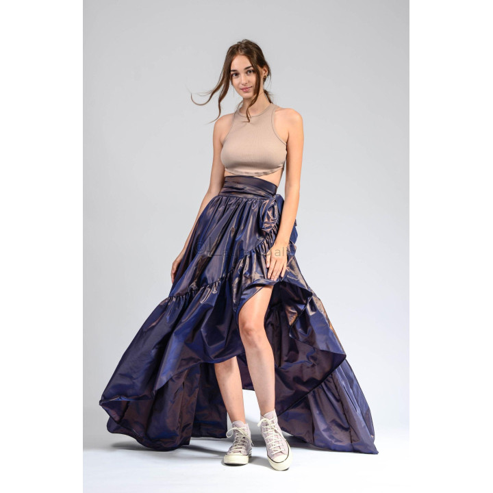 Anabel long skirt with an asymmetric front opening and layered taffeta ruffles