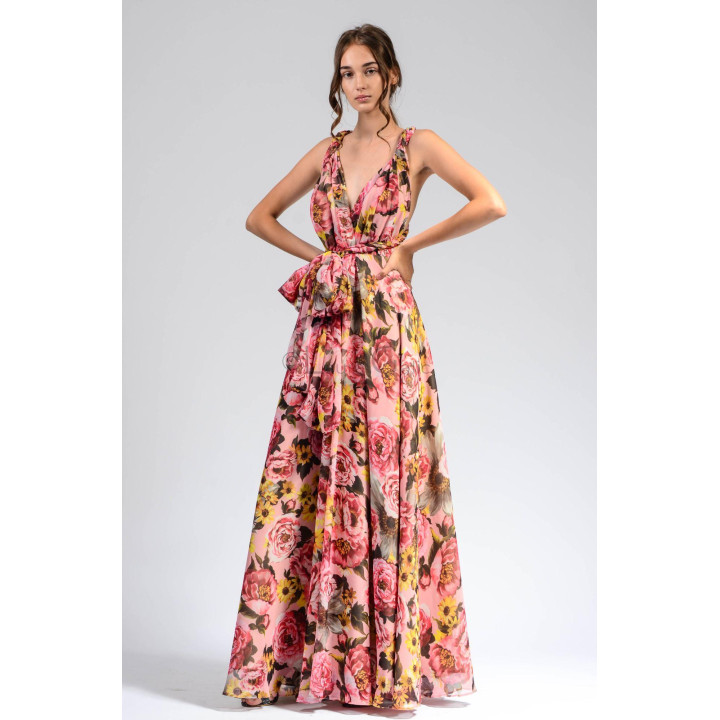 Agnes 2 chiffon dress with shoulder straps, V-neckline and pink floral print