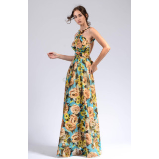 Rochia lungă Agnes 2 cu imprimeu floral multicolor și prindere la gât